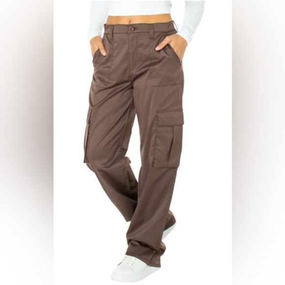2/$30 CELEBRITY PINK Winter Fall Chocolate Satin Wide Leg Cargo Pants (#1,516) - Picture 10 of 13